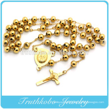 Fashion High Quality Vacuum Plating Gold Celebrity Jewelry Popular Stainless Steel Jesus Cross Men's Gold 8mm Rosary Necklace